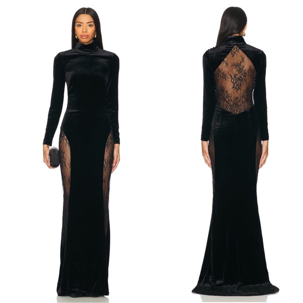 RETROFETE Amor Velvet Lace High Neck Sheer Long Sleeve Black Maxi Dress Size XS